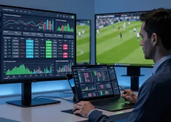 Digital sports betting dashboard with live odds and analytics on multiple screens
