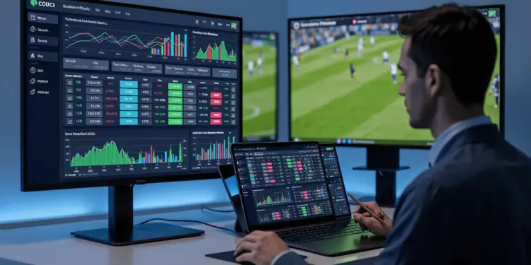 Digital sports betting dashboard with live odds and analytics on multiple screens