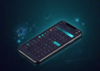 Digital sports betting platform interface with smartphone and sports analytics visualization