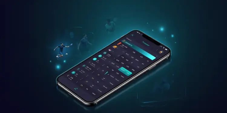 Digital sports betting platform interface with smartphone and sports analytics visualization