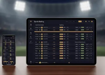 Modern sports betting platform displayed on mobile and tablet devices with stadium lighting backdrop