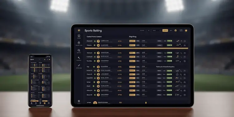 Modern sports betting platform displayed on mobile and tablet devices with stadium lighting backdrop