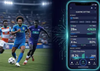 Digital sports betting platform interface with live football action and modern technology elements for Nigeria markets