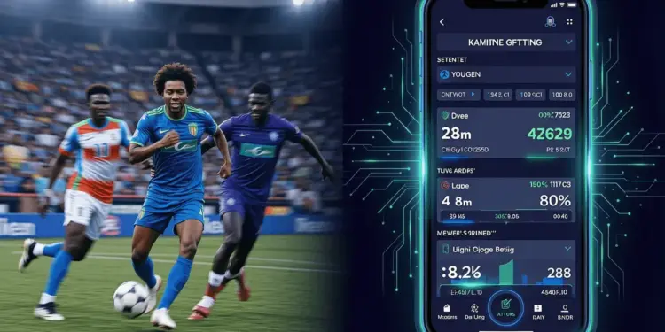 Digital sports betting platform interface with live football action and modern technology elements for Nigeria markets