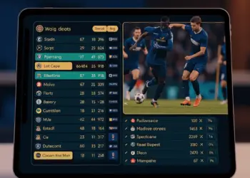 Modern sports betting platform interface on mobile device with live football match action in background, showing odds and statistics.