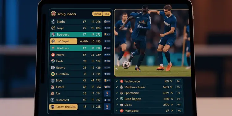 Modern sports betting platform interface on mobile device with live football match action in background, showing odds and statistics.