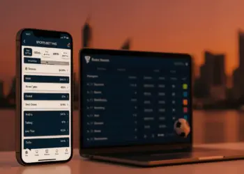 Modern sports betting platform interface displayed on digital devices with Singapore skyline background
