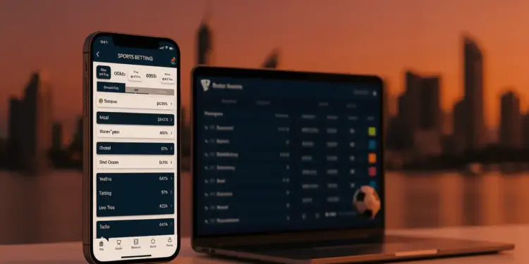 Modern sports betting platform interface displayed on digital devices with Singapore skyline background