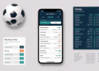 Modern smartphone with sports betting platform interface and football sports elements on neutral background