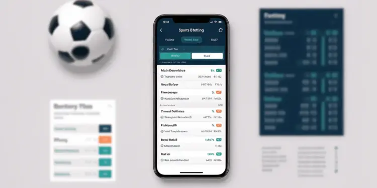 Modern smartphone with sports betting platform interface and football sports elements on neutral background