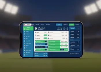 Modern sports betting platform interface on smartphone with stadium background