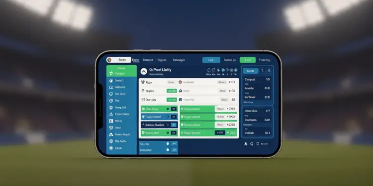 Modern sports betting platform interface on smartphone with stadium background