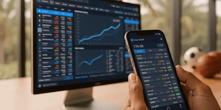 Sports betting analysis dashboard with live odds and statistics on multiple screens