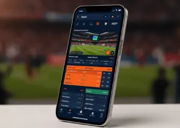 Mobile sports betting platform interface displayed on smartphone with stadium background
