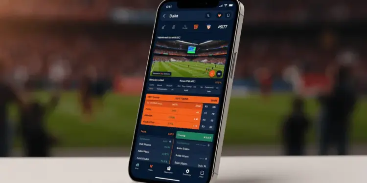 Mobile sports betting platform interface displayed on smartphone with stadium background