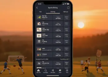 Vietnam sports betting mobile app interface with golden sunset landscape backdrop