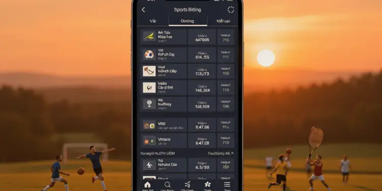 Vietnam sports betting mobile app interface with golden sunset landscape backdrop