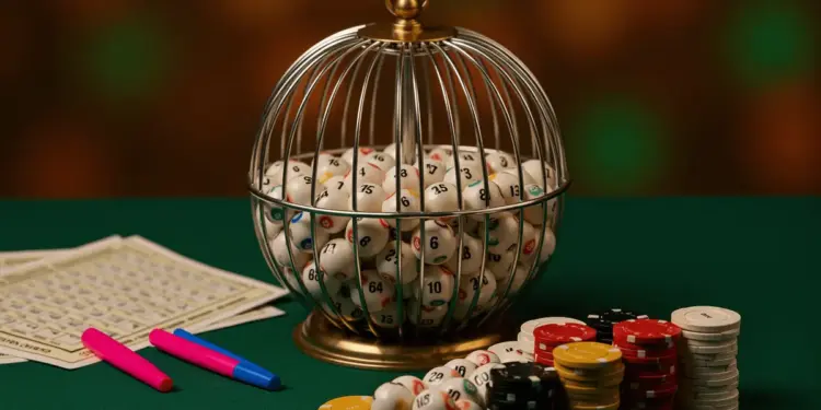 Bingo cage with numbered balls and casino chips on green felt table for sweepstakes bingo
