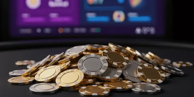 Glowing gold and silver casino chips with blue digital gaming interface in background
