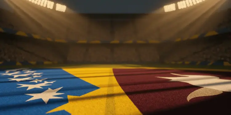 Floodlit World Cup stadium pitch at dusk with blue, yellow, maroon and white colour palette; dramatic shadows and packed stands.