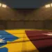 Floodlit World Cup stadium pitch at dusk with blue, yellow, maroon and white colour palette; dramatic shadows and packed stands.