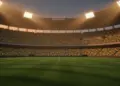 Floodlit stadium pitch at golden hour with packed stands in Brazil and Haiti national colours, cinematic sports photography style.