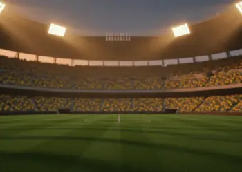 Floodlit stadium pitch at golden hour with packed stands in Brazil and Haiti national colours, cinematic sports photography style.