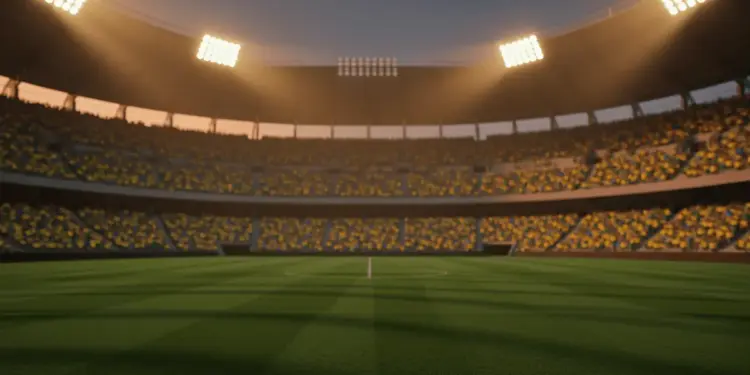 Floodlit stadium pitch at golden hour with packed stands in Brazil and Haiti national colours, cinematic sports photography style.