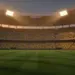 Floodlit stadium pitch at golden hour with packed stands in Brazil and Haiti national colours, cinematic sports photography style.