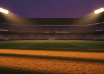Floodlit stadium pitch at dusk with golden shadows and empty stands during golden-hour lighting.
