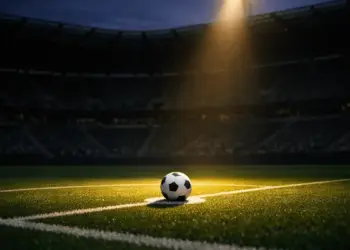 Floodlit football pitch at dusk with ball on penalty spot under dramatic single spotlight, empty stadium stands in shadow