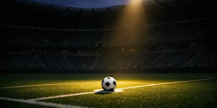 Floodlit football pitch at dusk with ball on penalty spot under dramatic single spotlight, empty stadium stands in shadow