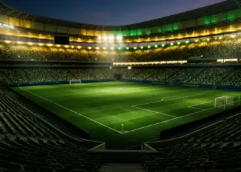 Floodlit stadium pitch in green and gold tones with ball on centre spot, dramatic evening atmosphere.