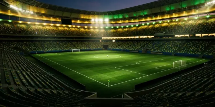 Floodlit stadium pitch in green and gold tones with ball on centre spot, dramatic evening atmosphere.
