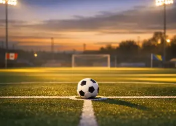 Floodlit football pitch at dusk with match ball on centre spot, dramatic shadows and evening kickoff atmosphere.