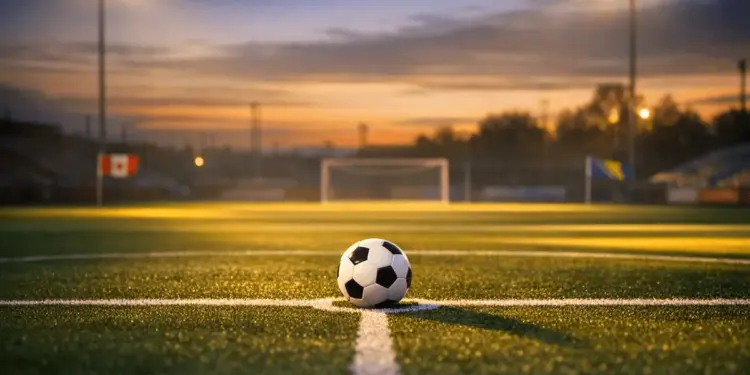 Floodlit football pitch at dusk with match ball on centre spot, dramatic shadows and evening kickoff atmosphere.