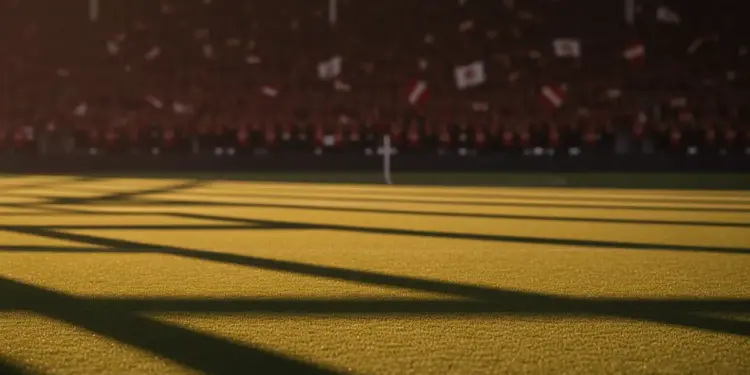 Floodlit stadium pitch with packed stands at golden hour, dramatic shadows across grass, no players visible.