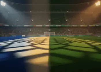 Floodlit stadium pitch at golden-hour with blue-white and green colour zones, packed stands, dramatic shadows, cinematic sports photography