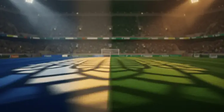 Floodlit stadium pitch at golden-hour with blue-white and green colour zones, packed stands, dramatic shadows, cinematic sports photography