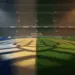 Floodlit stadium pitch at golden-hour with blue-white and green colour zones, packed stands, dramatic shadows, cinematic sports photography