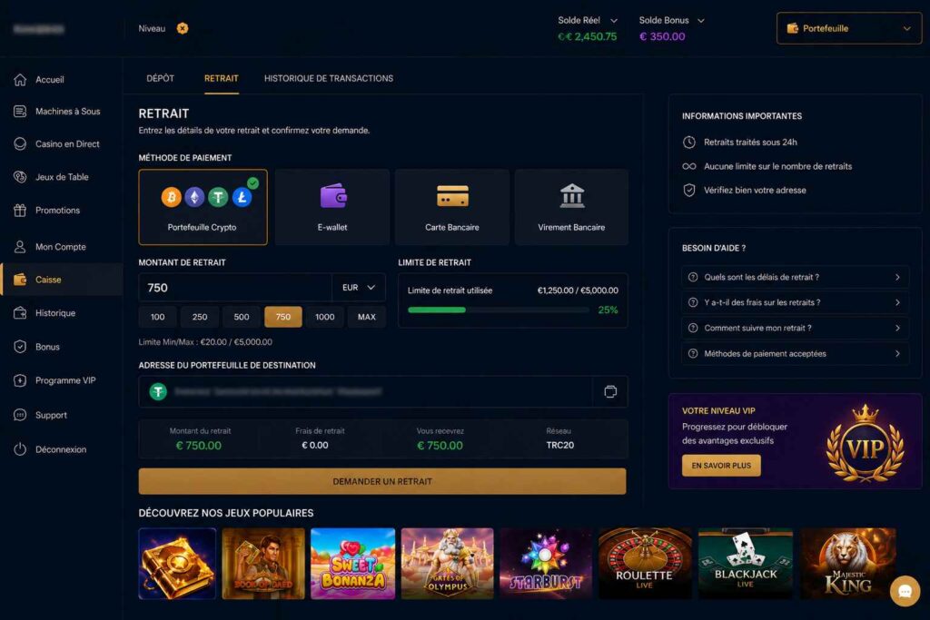 Casino en ligne retrait instantané montant minimum 