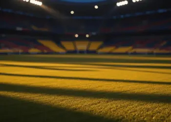Empty floodlit football pitch at golden-hour with yellow-blue stadium lighting, long shadows, and cinematic colour grading.