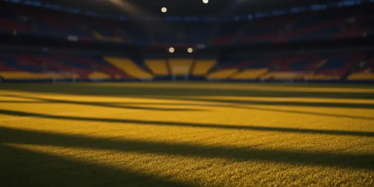 Empty floodlit football pitch at golden-hour with yellow-blue stadium lighting, long shadows, and cinematic colour grading.