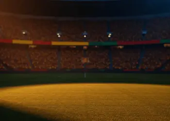 Golden-hour floodlit stadium pitch with dramatic shadows and crowd blur, Colombian yellow-red and Portuguese crimson-green lighting palette.