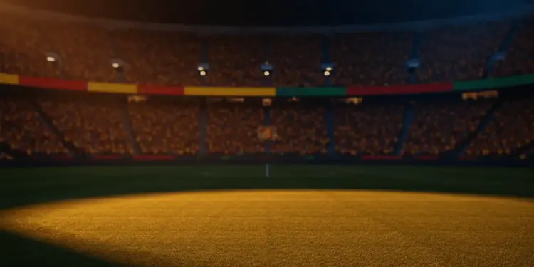 Golden-hour floodlit stadium pitch with dramatic shadows and crowd blur, Colombian yellow-red and Portuguese crimson-green lighting palette.