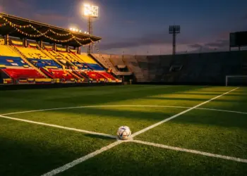 Floodlit stadium pitch at dusk with yellow-blue-coloured stand bunting, ball on centre circle, dramatic shadows and golden light.
