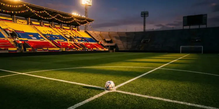 Floodlit stadium pitch at dusk with yellow-blue-coloured stand bunting, ball on centre circle, dramatic shadows and golden light.