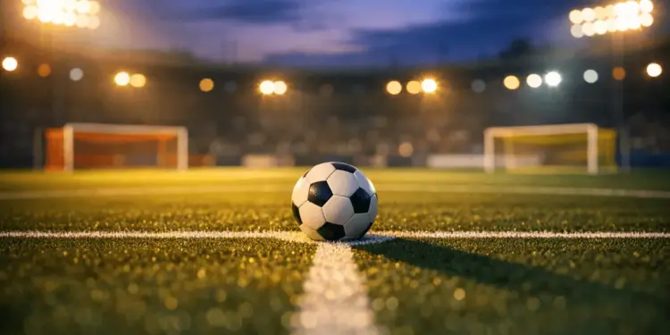 Floodlit football pitch at dusk with match ball on centre spot, dramatic stadium lighting and shadows.