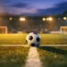 Floodlit football pitch at dusk with match ball on centre spot, dramatic stadium lighting and shadows.