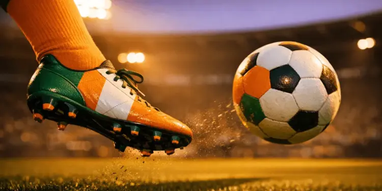 Football boot striking a ball mid-flight on a floodlit pitch at dusk, rendered in orange and green tones.